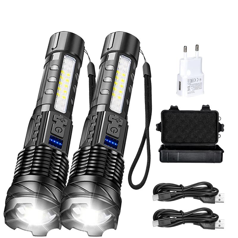 XHP50 High Power LED Flashlight Tactical COB Side Light Zoomable Torch Spotlight Rechargeable Waterproof Self-defense Flashlight