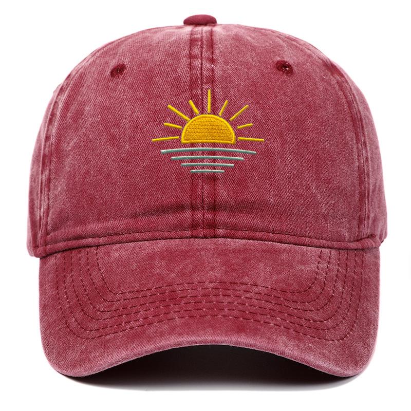 Unisex Vintage Washed Baseball Cap - Embroidered Beach Sunrise, Breathable & Sun Protective for Summer Outdoor Activities