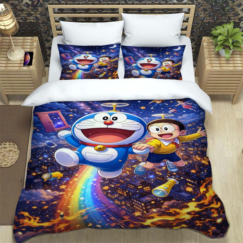 Doraemon Anime Serie Bettwäsche-Set, Inklusive Bettbezug und Kissenbezügen, 3-teiliges Set; Schlafzimmerdekoration kann individuell gestaltet werden.