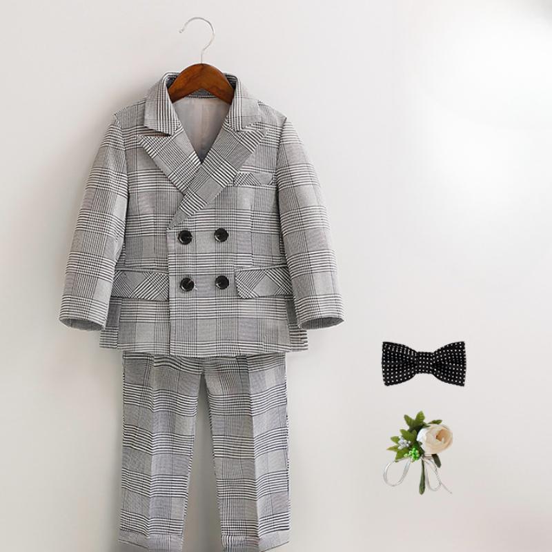 Boys Business Suit Spring Summer 2024 British Plaid Flower Child Wedding Outfits Gray Handsome Kids School Uniform Blazer Set