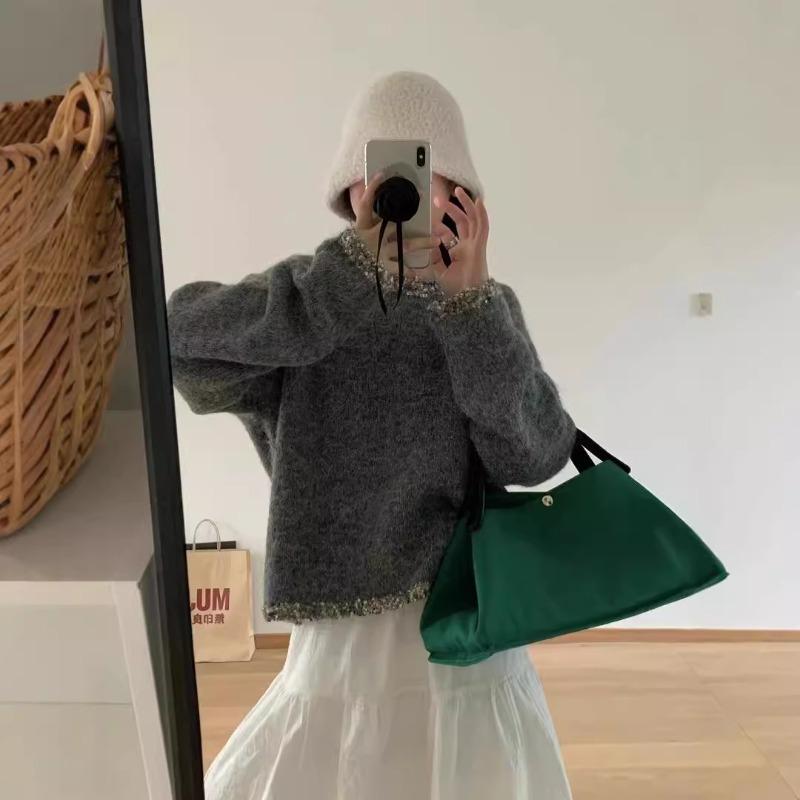 Variegated crew neck cuff pullover sweater women's autumn and winter new loose and versatile soft waxy knitted sweater top