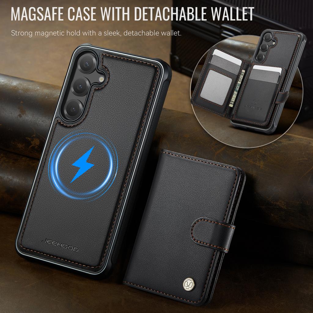 For Samsung Galaxy S25 Case JEEHOOD J09 RFID Blocking Card Holder Leather Back Phone Cover Magnetic Case