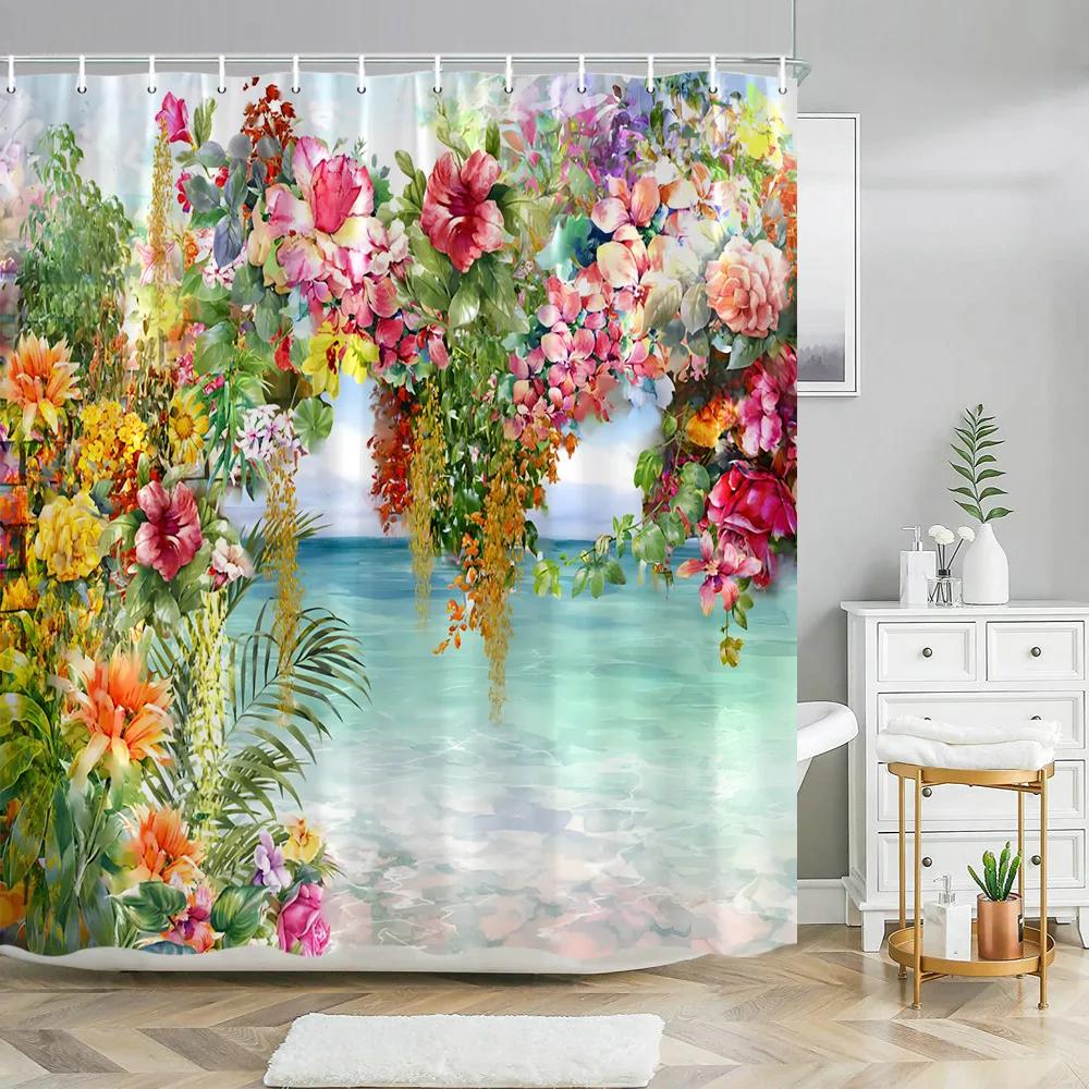 Hummingbird Floral Shower Curtain Watercolor Bird Flower Home Bathroom Decor Polyester Fabric Bathroom Curtain Set Hook Washable