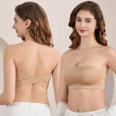 Soutien-gorge bandeau croisé sans bretelles en soie glacée pour femme avec boucle et coussinets de poitrine - Sans couture et antidérapant