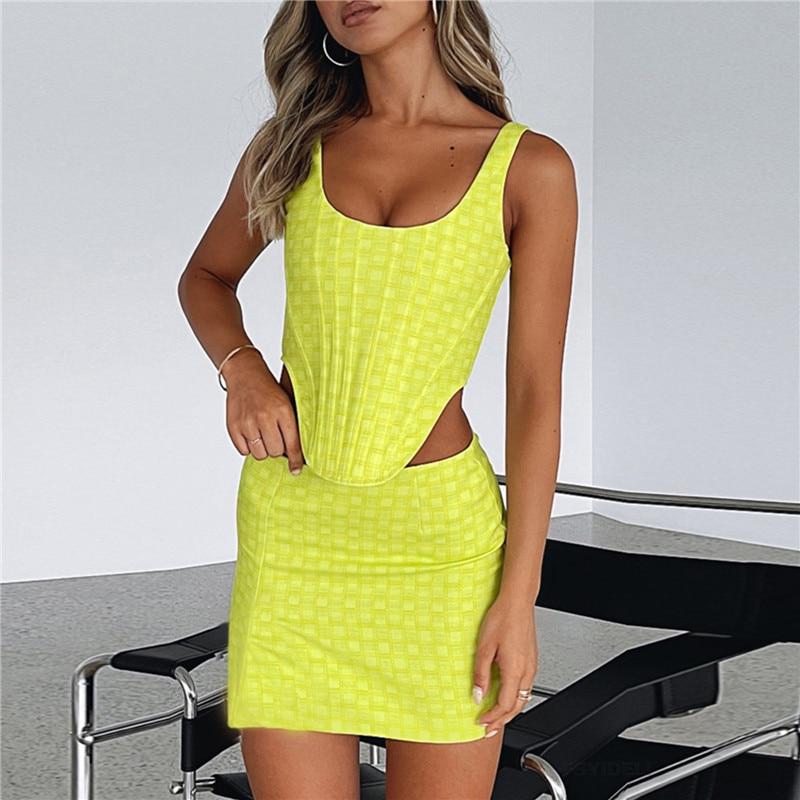 2023 Women Sexy 2Pcs Outfits Sleeveless Bustier Corset Crop Top+High Waist Split Bodycon Mini Skirt Set E-Girl Streetwear