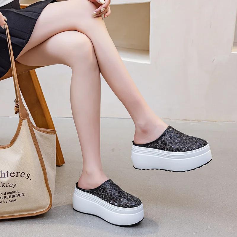 

8СМ Воздушная сетка Синтетическая кожа Сандалии Полые шлепанцы Летние сандалии Платформа Клиновидная подошва Плоская подошва Дышащие Женские Летние Блестящие Туфли 39 чёрный