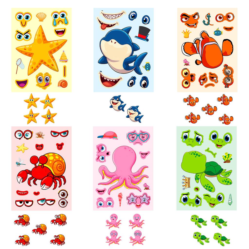 6 Sheets/Pack Marine Life Puzzle Face Change Sticker Starfish Shark Cute Cartoon Fun Diy Collage