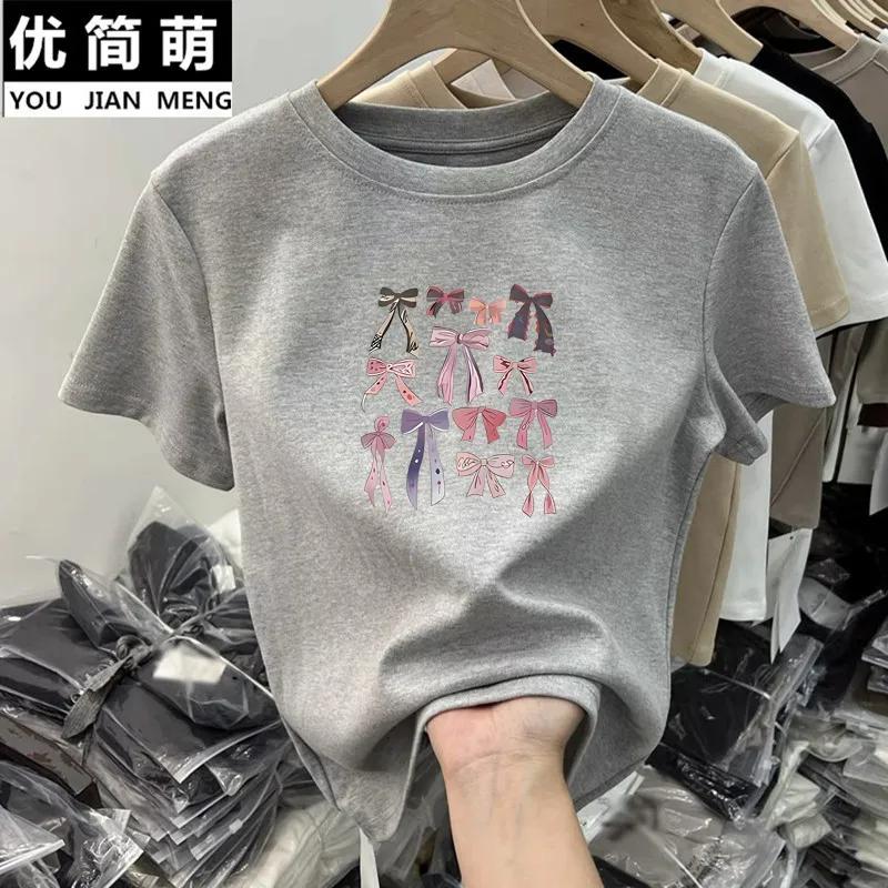 Women Multi Bowknot Graphic Crew Neck Short Sleeve Casual T-shirt