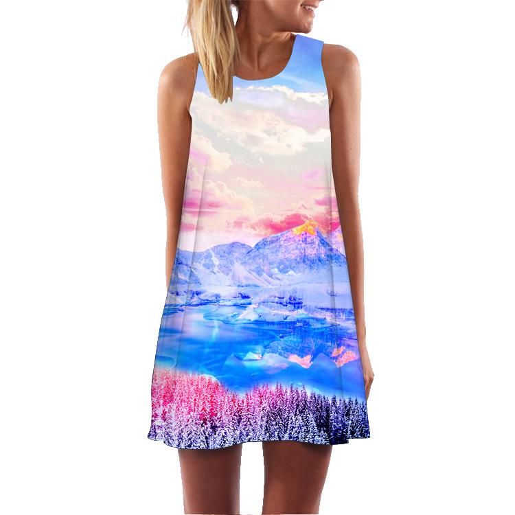 European and American New Digital Printing Round Neck Off-the-shoulder Sleeveless Vest Big Pendulum Loose Medium and Long Dress