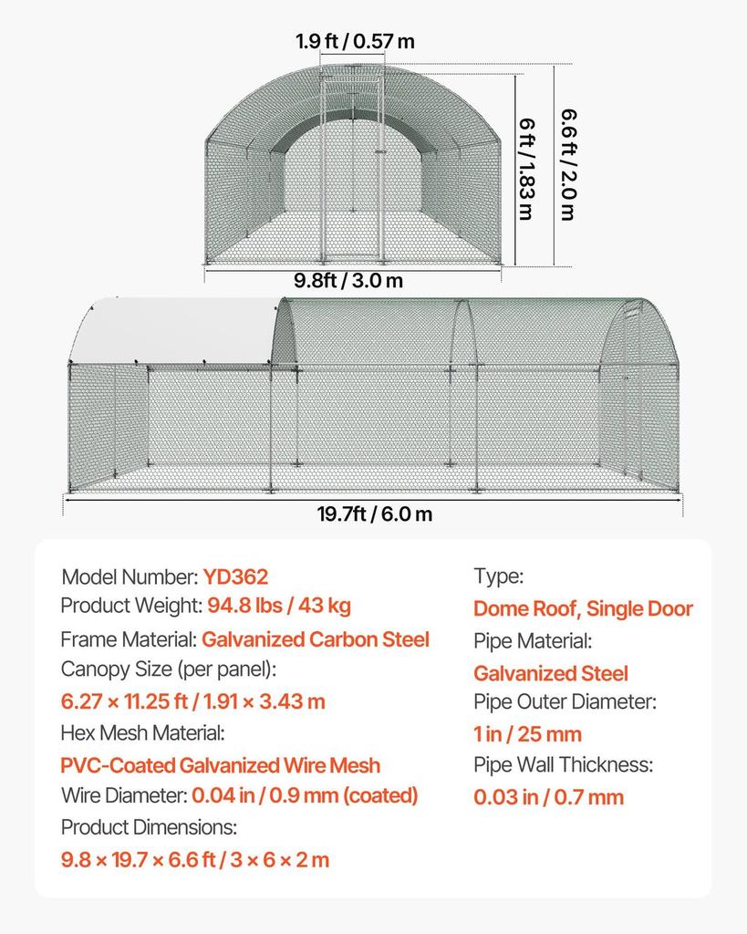 Metal Chicken Coop, 9.8x19.3x6.5 Ft Large Walk-in Chicken Runs with Cover, Doom Roof Hen House Enclosure with Security Lock, Outdoor Duck Rabbit Cage