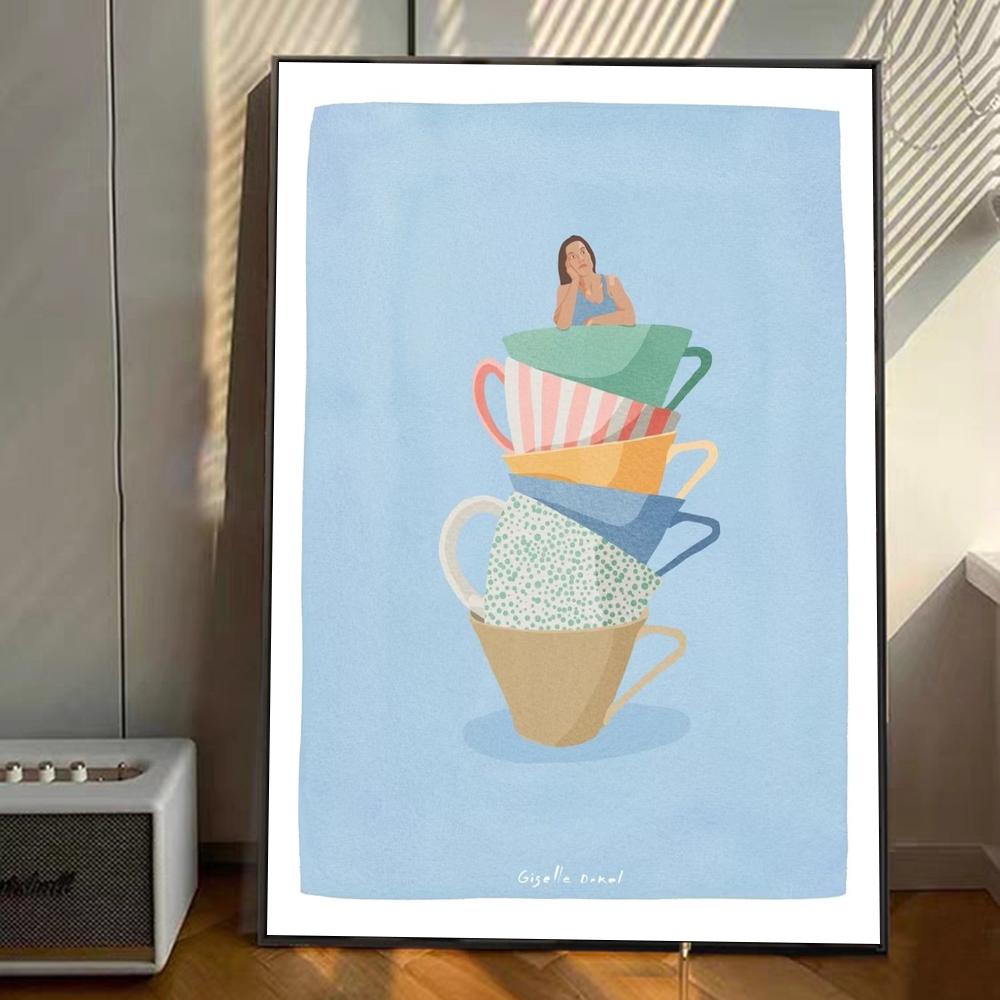 Coffee Cups funny Art Anime Posters Sticky HD Quality Wall Art Retro Posters for Home Kawaii Room Decor