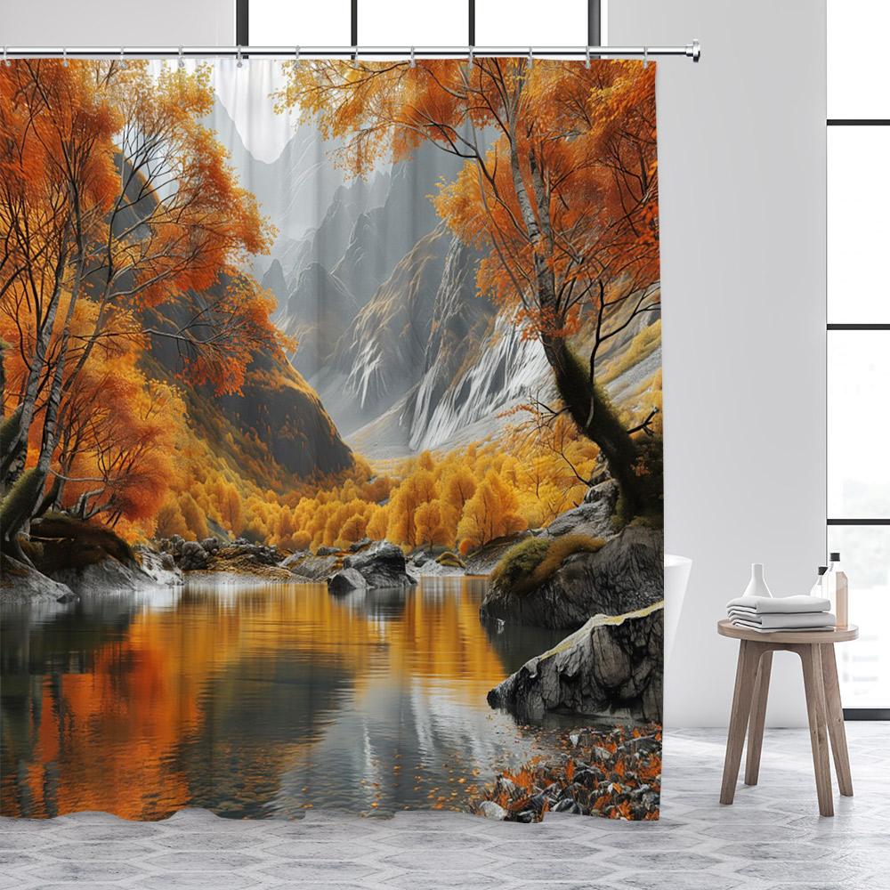 Herbstwald Duschvorhänge Rote Ahornbäume Fallende Blätter Straße Herbstlandschaft Stoff Heim Badezimmer Vorhang Dekor Mit Haken
