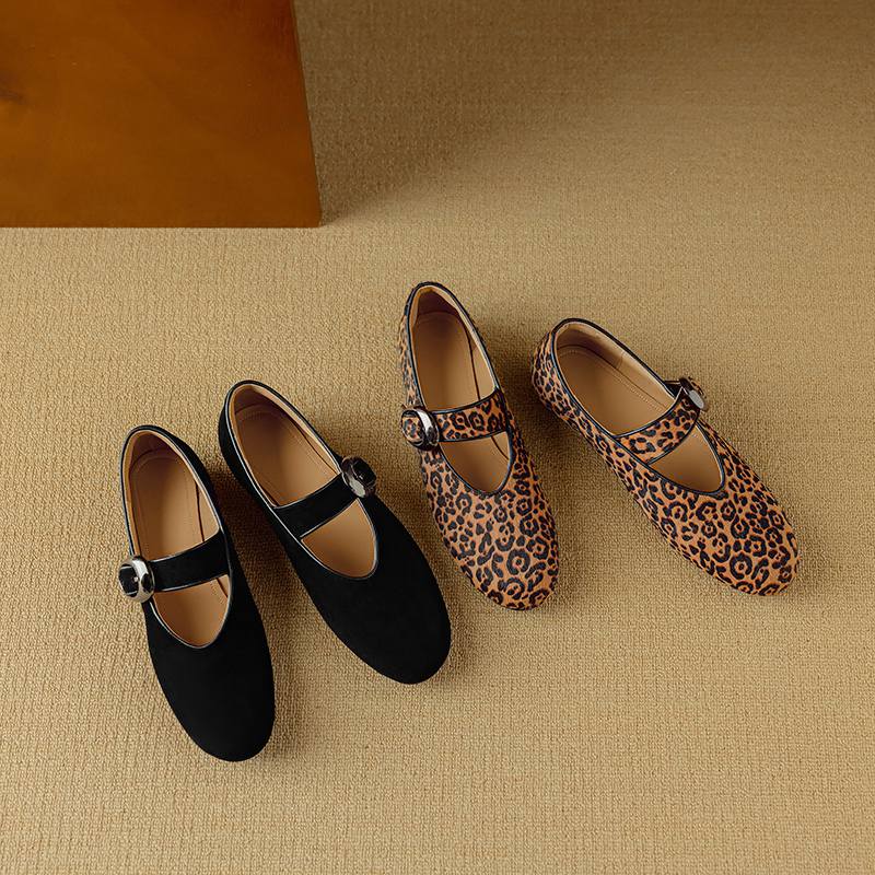 Krazing Pot Piele de Oaie Suedeză Vară Mărimea 40 păr de cal leopard mary janes Tocuri Joase vârf rotund Balerini eleganți decupați