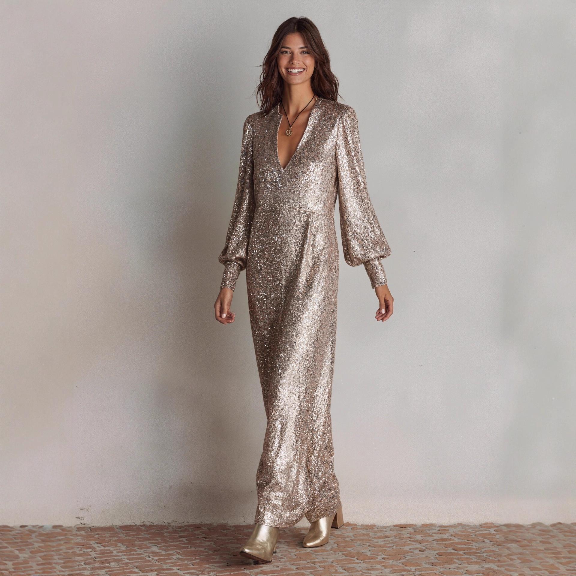 Autumn new long-sleeved split sequin dress, casual loose party dress S шампанского