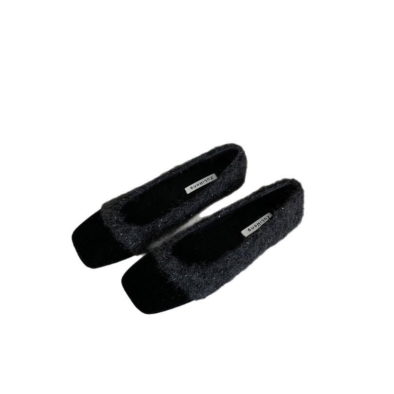 French Flat Bottom Gentle Evening Milk Tea Apricot Fluff Single Shoes Women's Autumn and Winter Velvet Small Fragrant Style with Skirt Grandma 