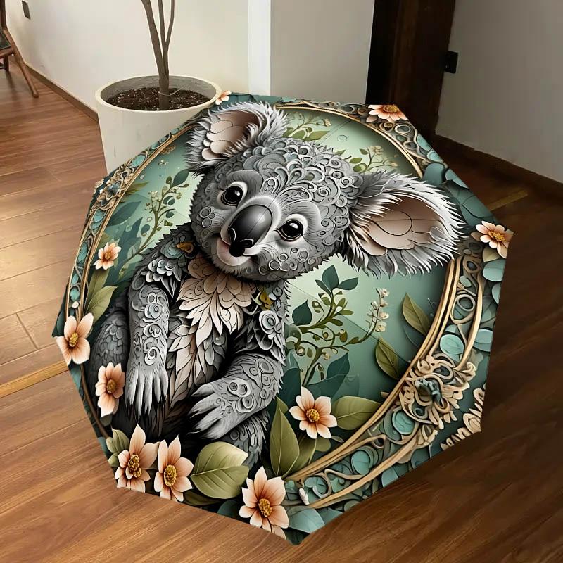 1PC Koala FloralAutomatic Open/Close Umbrella with Windproof, 8-Rib Sturdy Canopy, Durable Ribs, Fashionable Design, Outdoor Accessory, Fun Prin, Holi