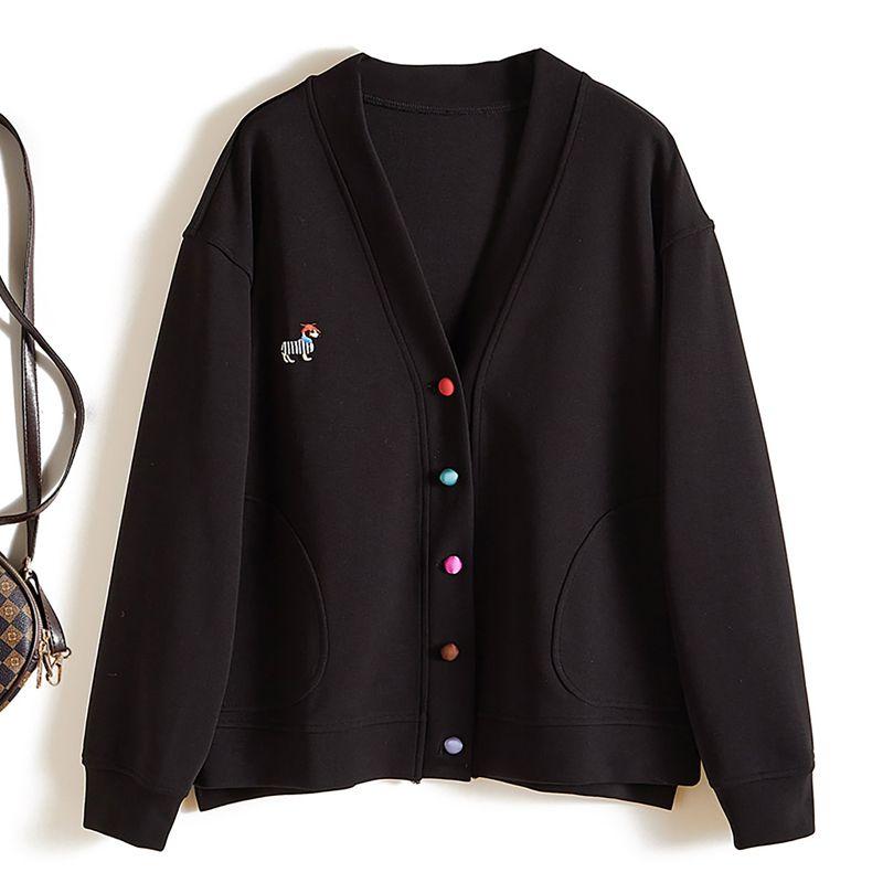 

Широкий и Широкий! Ленивый стиль Женский вышитый значок пони V-образный вырез Рукав реглан Однобортный Вафельный узор Верхняя одежда Новинка Black 4XL