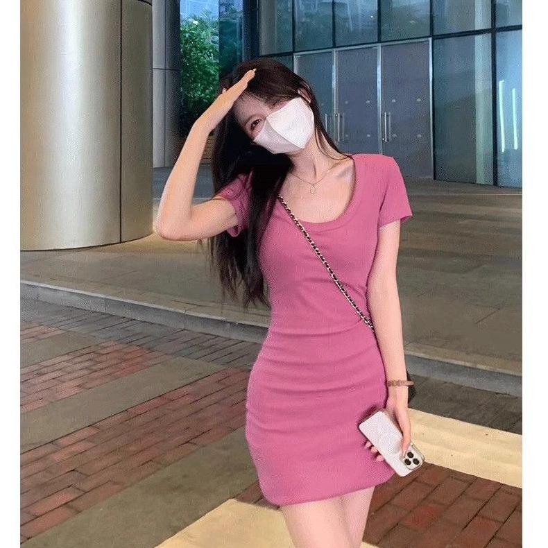 Women's Pink U-neck Short-Sleeve Bodycon Mini Dress - Sexy Summer Petite Fit