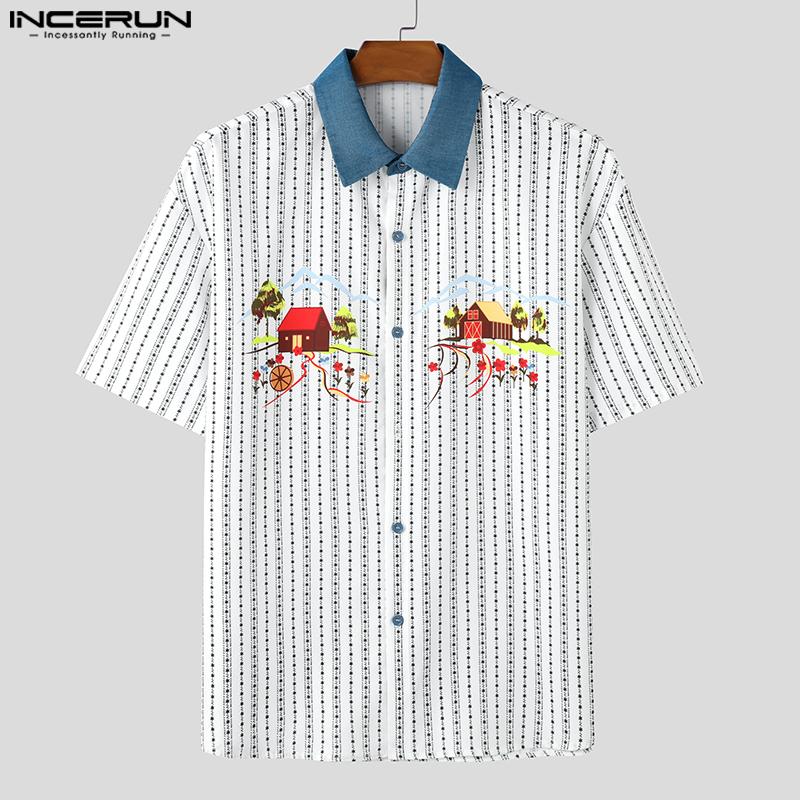 INCERUN Übergroße Herren Lapel-Kragen Kurzarm Gestreiftes Muster Patchwork Lässige Lockere T-Shirts Tops