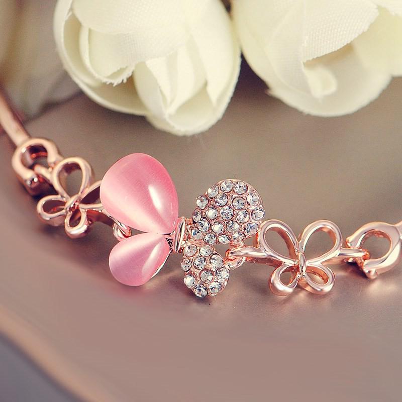 Korean Pink Butterfly Gold-Plated Bracelet: Women's Stylish Diamond-Set Bangle