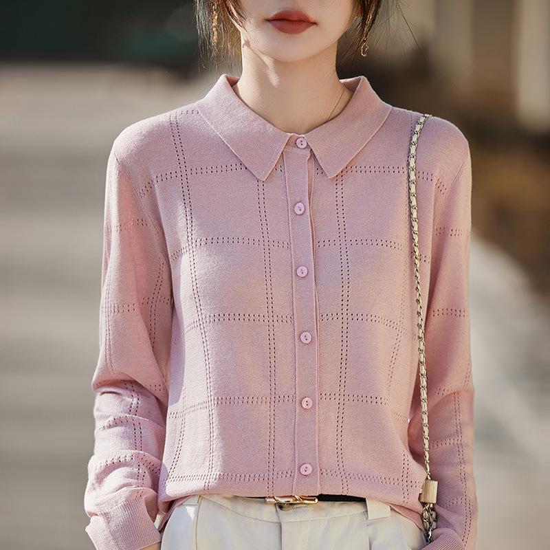 Women's Knit Lapel Cardigan: Light Hollow Jacket, Long Sleeve Spring/Summer Top