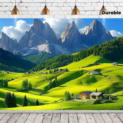 2D Majestic Alpine Mountain Village Backdrop Summer Wonderland Background