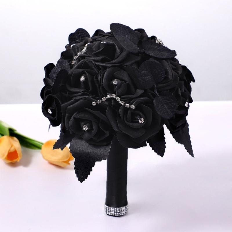 Artificial Flowers Bridal Bouquet Gothic Wedding Bouquet Red/Purple and Black Wedding Flower Bouquet for Bridesmaids