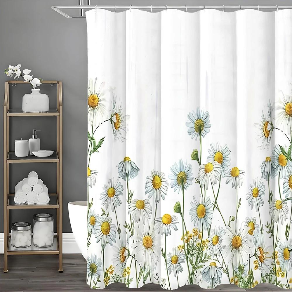 Kleine Gänseblümchen Blumiges Duschvorhang, Dekorative Duschvorhang für Badezimmer, Wasserdichter Duschvorhang mit Haken