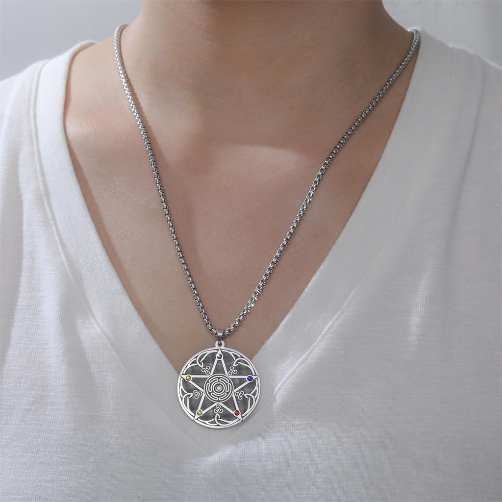 Wicca Pentagram Chakra Necklace for Women Men Hecate Wheel Amulet Pendant Necklaces Spiritual Pagan Jewelry Gift
