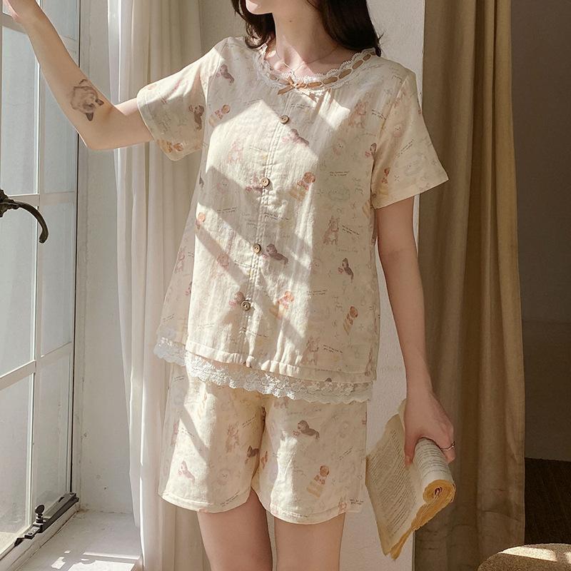 Vernis new cardigan women's casual pajamas cotton short-sleeved shorts set can be worn outside loungewear summer