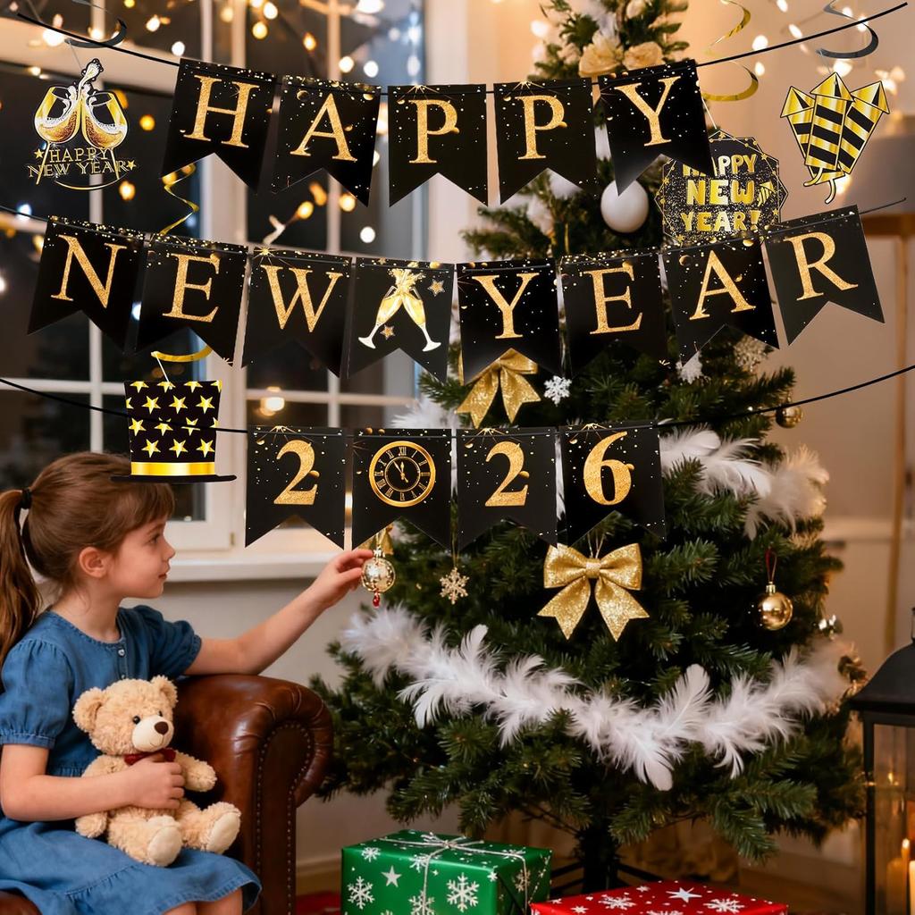 Yookat Black Gold Happy New Year Banner and New Years Hanging Swirls 2026 Happy New Years Eve Party Decorations Supplies