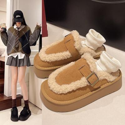 Dicke Sohle Fell integrierter Taschenkopf Halbschuhe Damen Oberbekleidung 2025 Herbst und Winter neu Samt verdickte Schneestiefel Baumwollpantoffeln