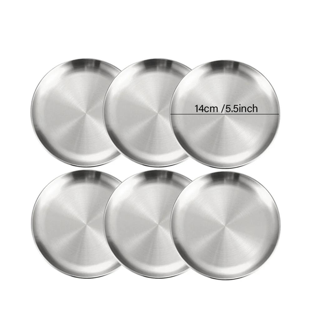 6Pcs Stainless Steel Metal Round Dining Disc Bone Spitting Dish High Quality Shallow Tray Silver BBQ Disc Kitchen Plate