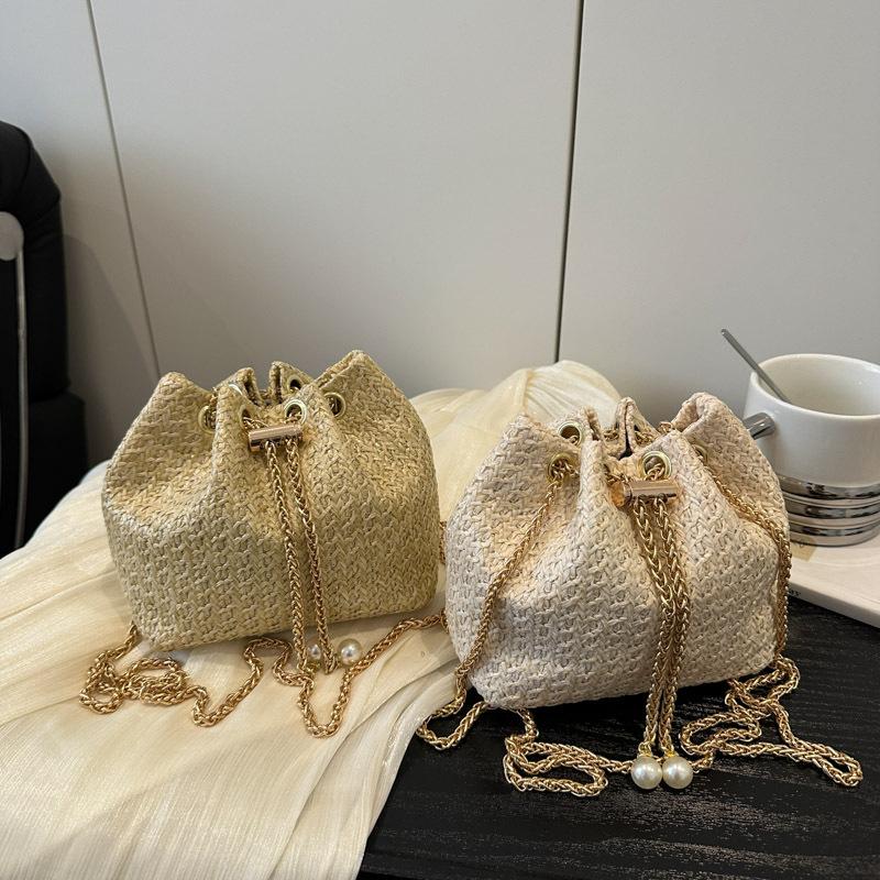 Straw Belt Chain New Summer Simple Solid Color Shoulder Crossbody Bucket Bag Women