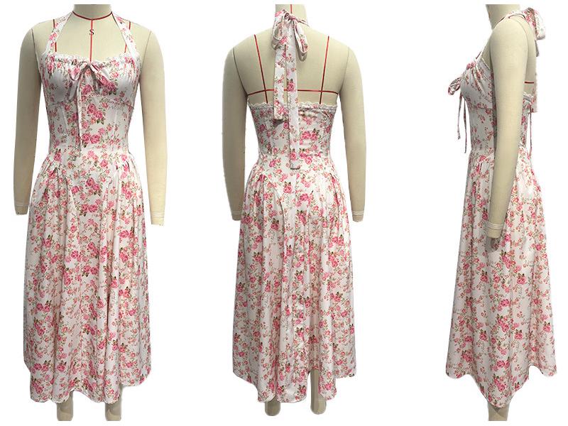 2025 European & American Style Summer Slim Spaghetti Strap Printed Halter Lace Dress