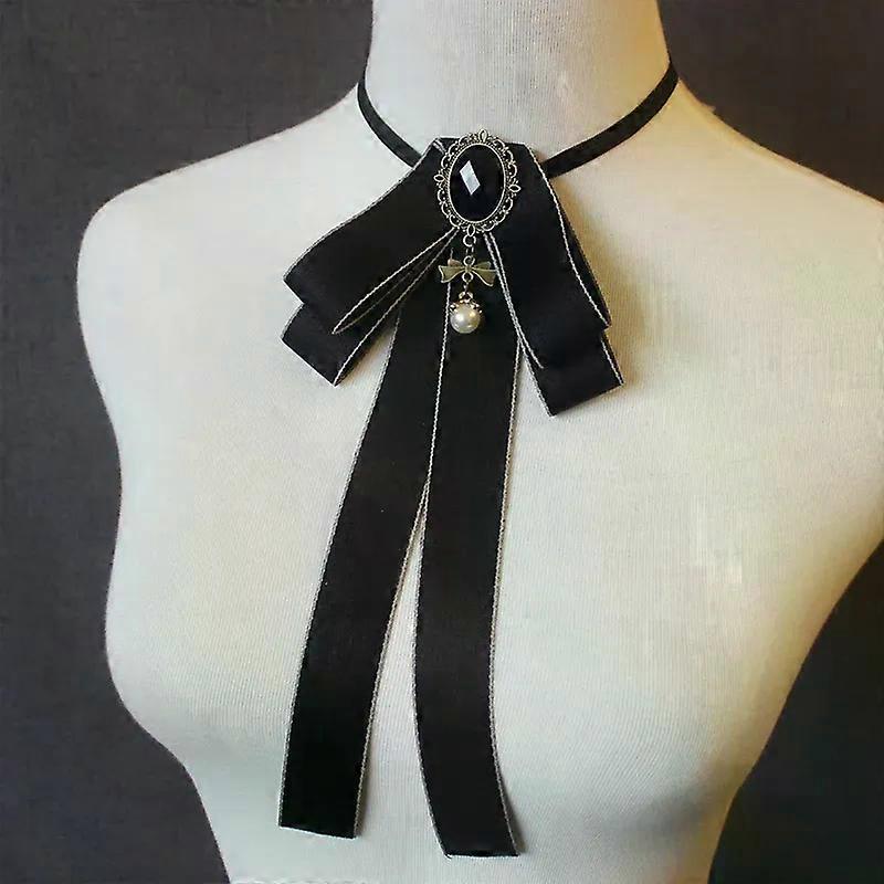 Women Pre Tied Bowknot Bow Tie Rhinestone Pearl Ribbon Brooch Adjustable Bowtie Uniform Necktie Women Costume Accessory