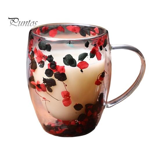 

Стеклянная кружка с двойными стенками и цветочным рисунком, 250 мл/350 мл, прозрачная эстетичная чашка для напитков с изолированной ручкой, украшение из настоящего цветка, двухслойное сохранение тепла 350ml D