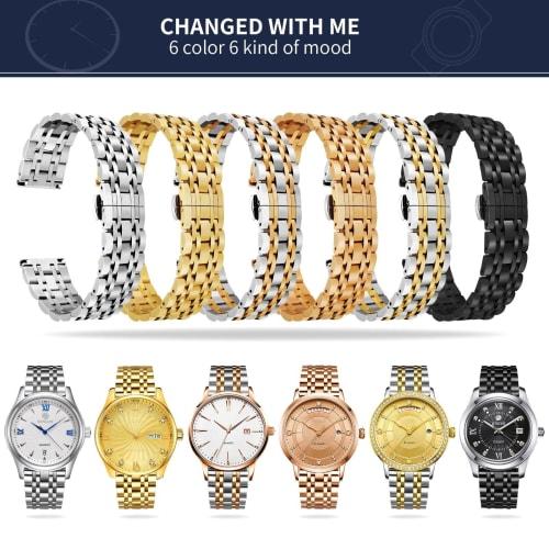BINLUN Stainless Steel Watch Band, Premium Replacement Strap for Men and Women, 6 Colors (Gold, Silver, Black, Rose Gold, Silver Gold, Rose Silver), 1