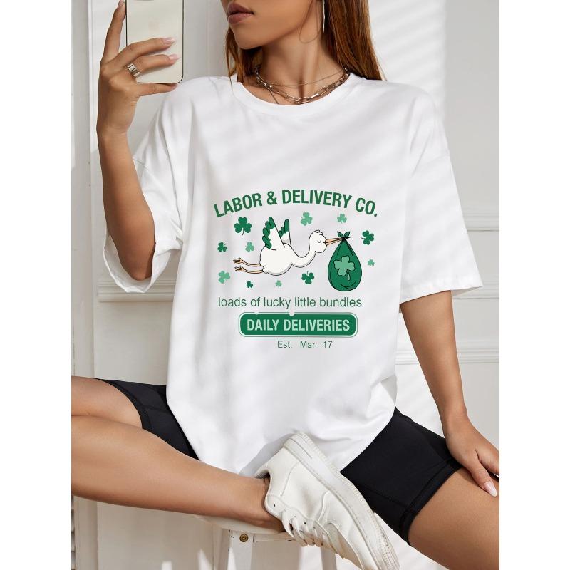 Oversized T-Shirt with Green Stork & Clover Print – "LABOR & DELIVERY CO." Fun Lucky-Themed Top