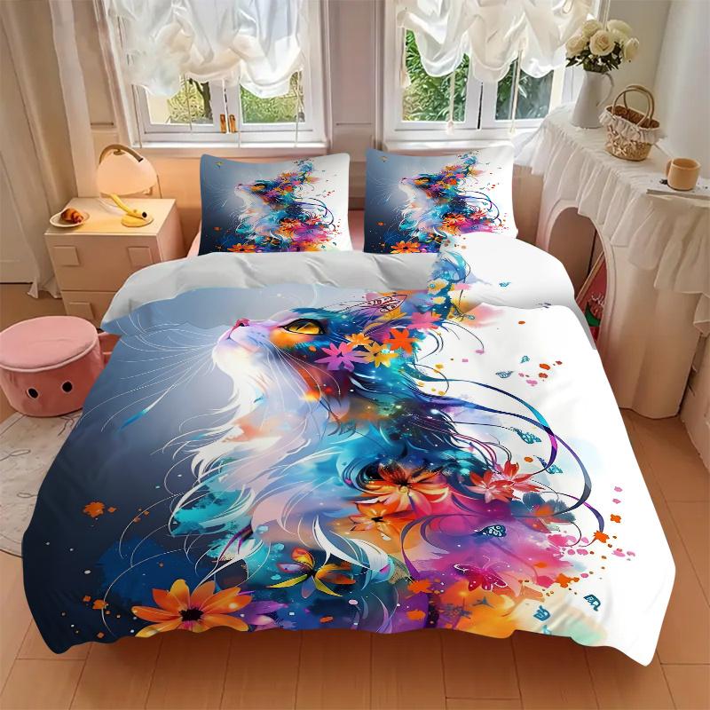 3pcs Colorful Cat Art Design Bedding Set, Including Without Filling, Soft and Comfortable Home Bedroom M033