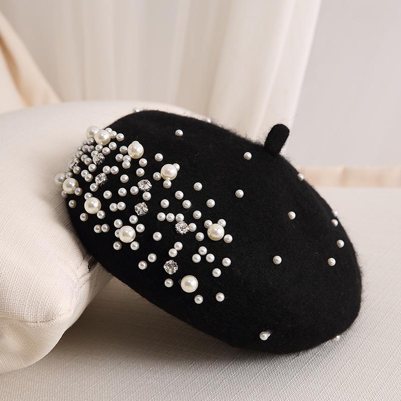 Temperament Pearl Water Diamond Beret Women's Autumn/Winter British Retro Korean Japanese Painter's Hat