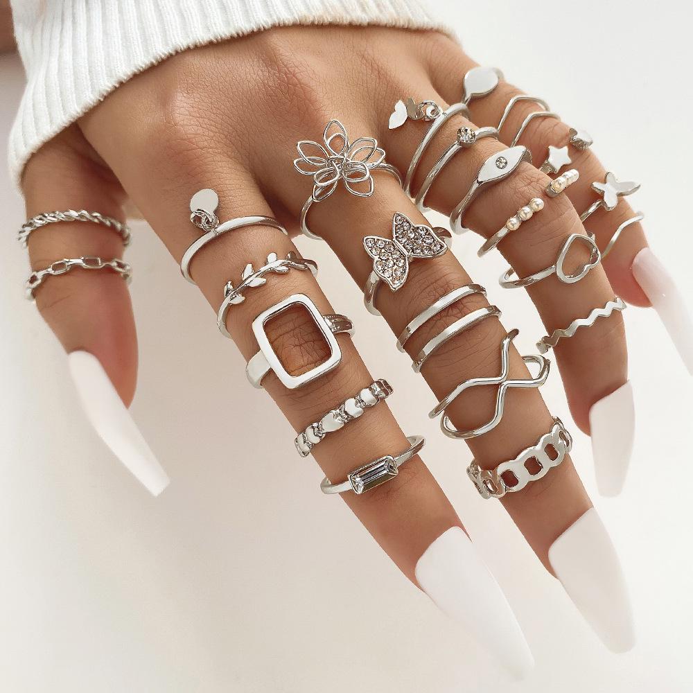 Mushan Women's Multi-Joint 22-Piece Heart & Butterfly Ring Set