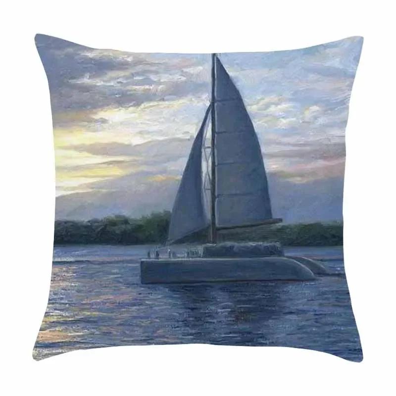 Beautiful Oil Painting Sail Sailing Landscape Print Pattern Cushion Cover Home Living Room Sofa Decoration Pillow