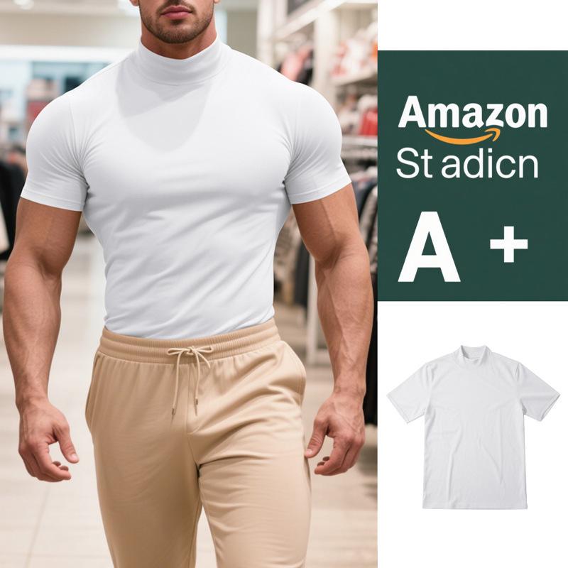 Summer New Men's Casual Semi-High Neck Slim Solid Color T-shirt - European & American Fashion.