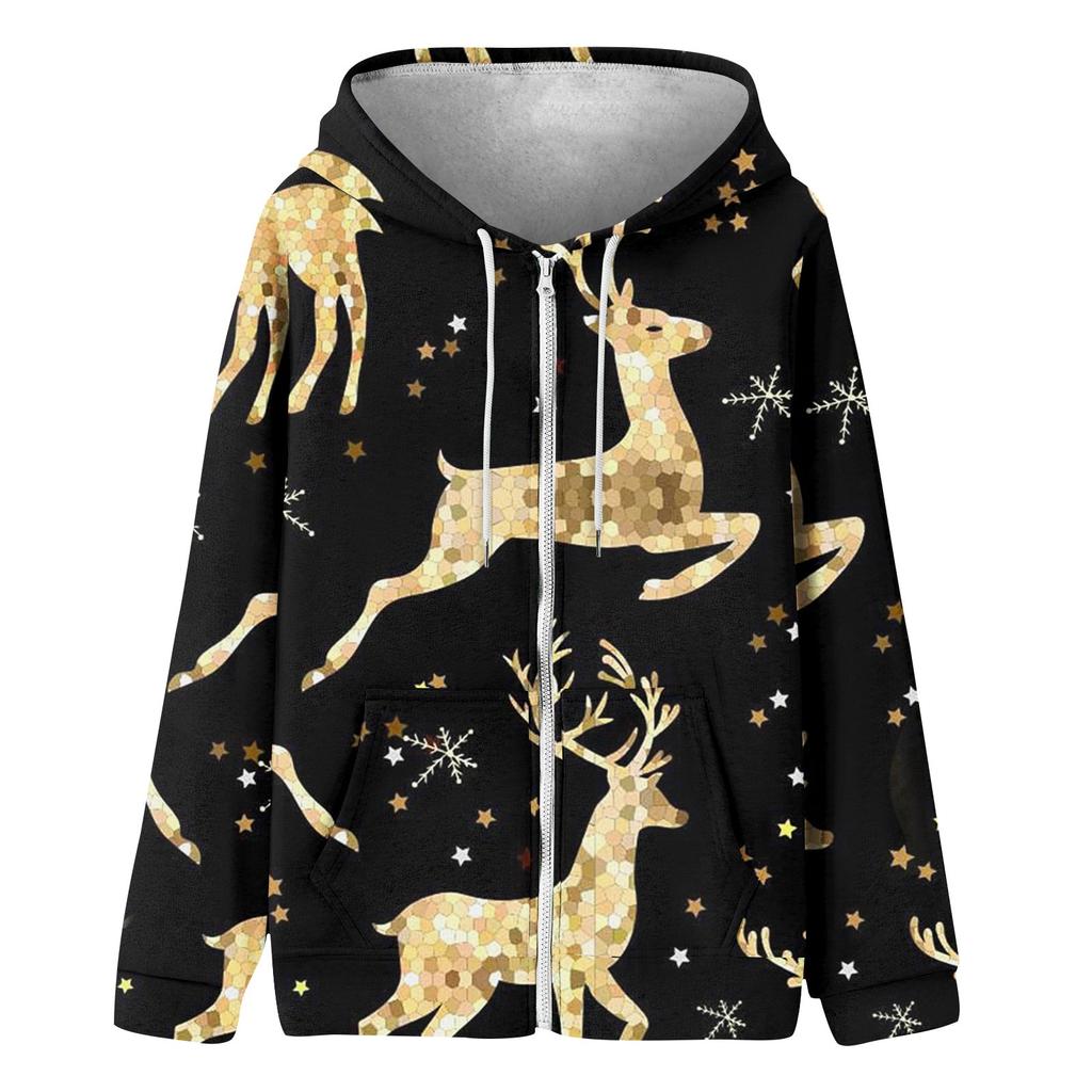Women's Fashion Casual Christmas Print Long Sleeve Sweatshirt Pocket Jacket Zipper Hoodie Coat