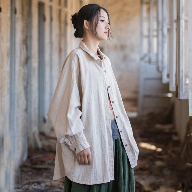Johnature Women Vintage Ramie Cotton Bat Sleeve Shirts Tops Spring Solid Color Button Loose Women Blouses