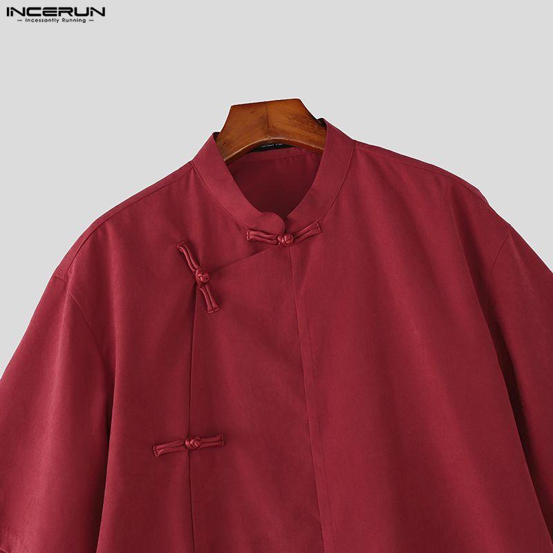 INCERUN Vintage Men Summer Stand Neck Short Sleeve Side Buttons Casual Traditional Style Shirts
