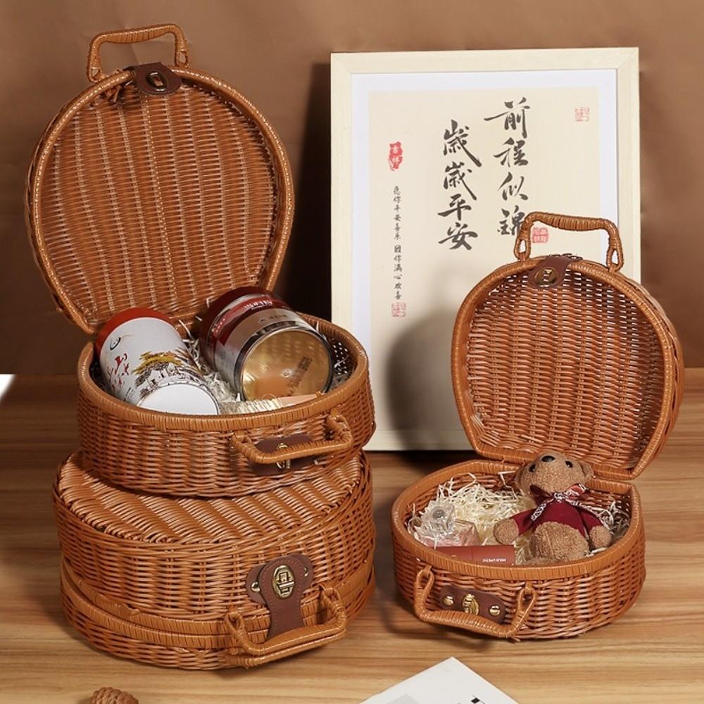 Round Gift Packaging Box Woven Handheld Suitcase Practical Storage Basket  Sundries Organizer
