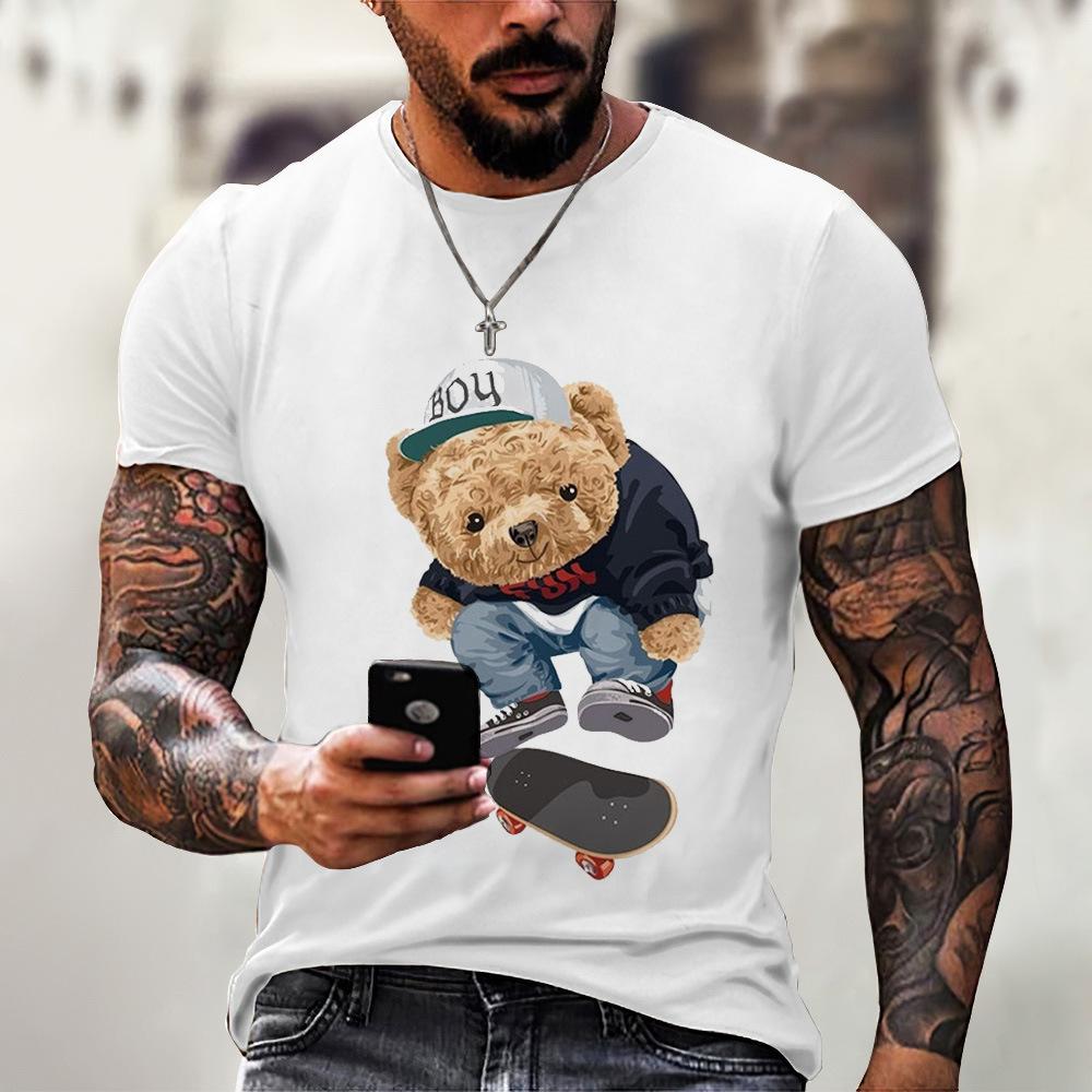 Men's T-shirt 2024 Summer New Round Neck Short Sleeved Bear 3D Printed Plus Size Top