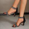 Fashion High Heel Rhinestone Summer Sandals for Women Large Size Open Toe Cover Heeled Ladies Shoes Black Suede Back Zip Sandales Femmes